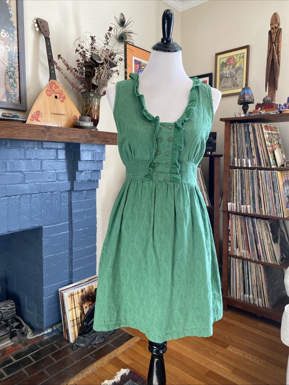 Vintage BeBop 90s Y2K Midi Babydoll Dress Large Tie Green Buttons Ruffle Cotton